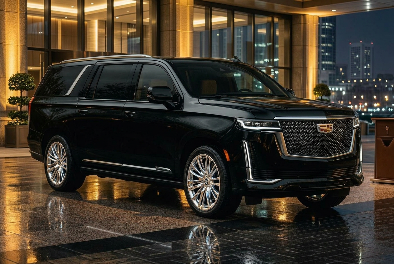 Black Cadillac Escalade ESV Sport at night